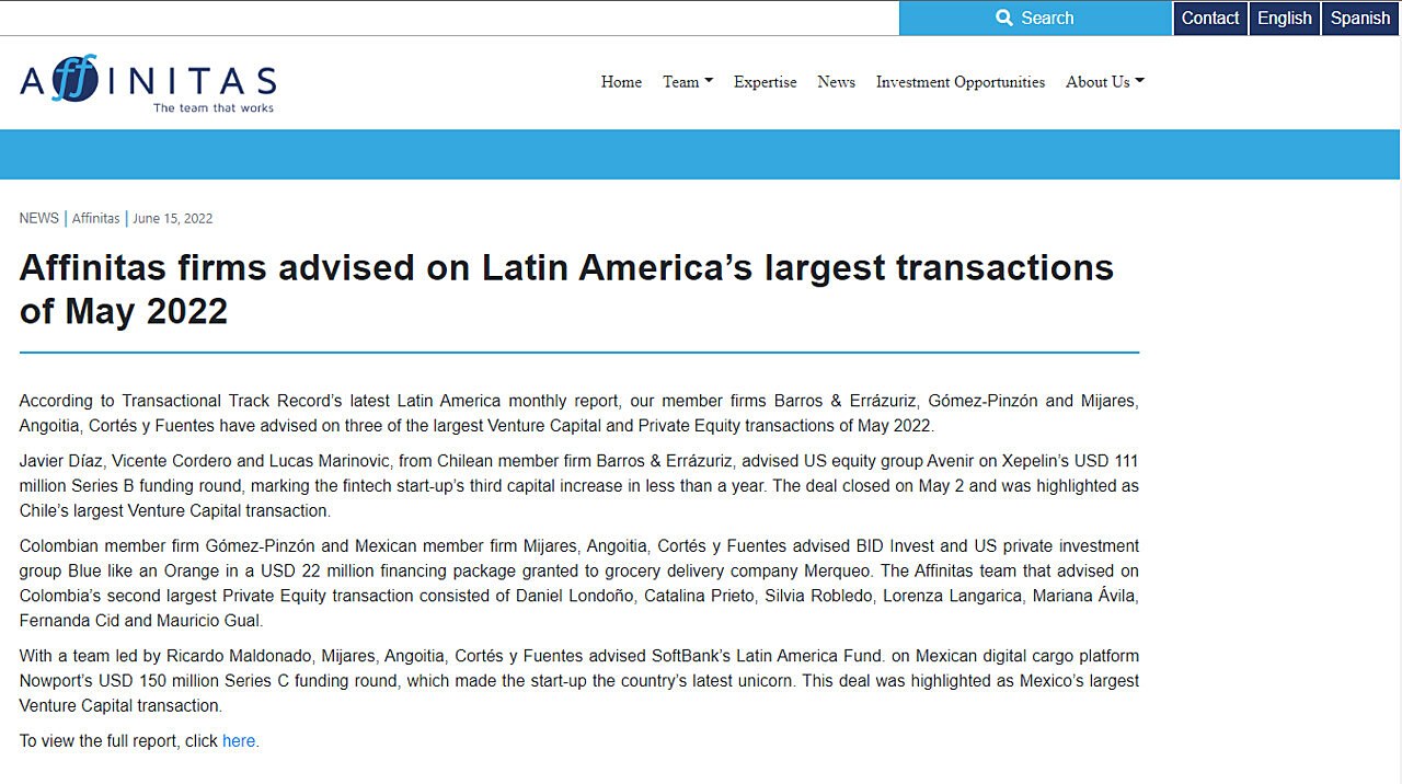 Affinitas firms advised on Latin America’s largest transactions of May 2022